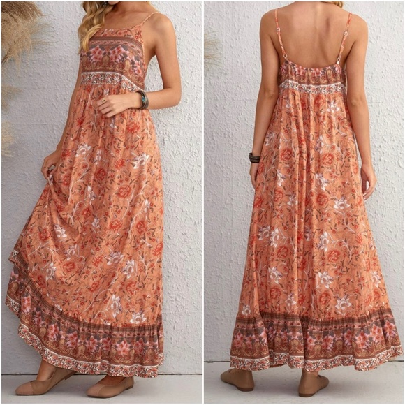 Boho Orange Floral Print Cami Maxi Dress Cottagecore - Picture 3 of 3